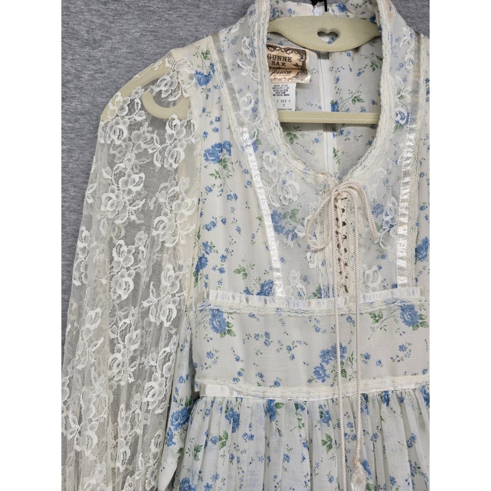 Gunne Sax Jessica McClintock Vintage Blue Floral Lace Maxi Dress Victorian XXS